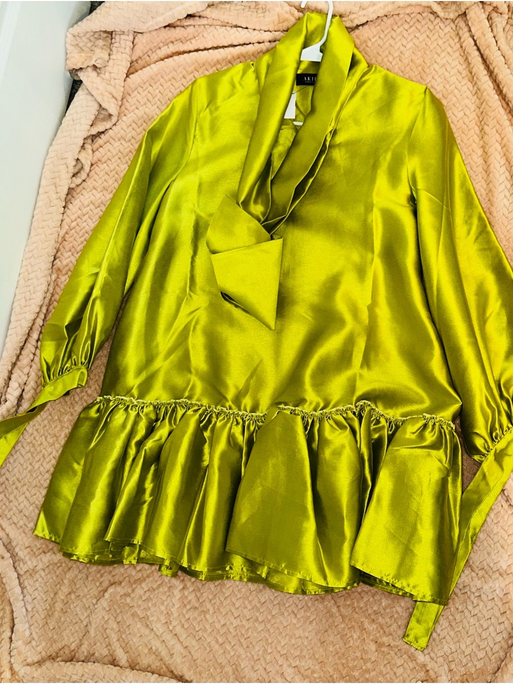 Akira Satin Ruffle Hem Long-Sleeve Neck Bow Dress Oversized- Lime Green